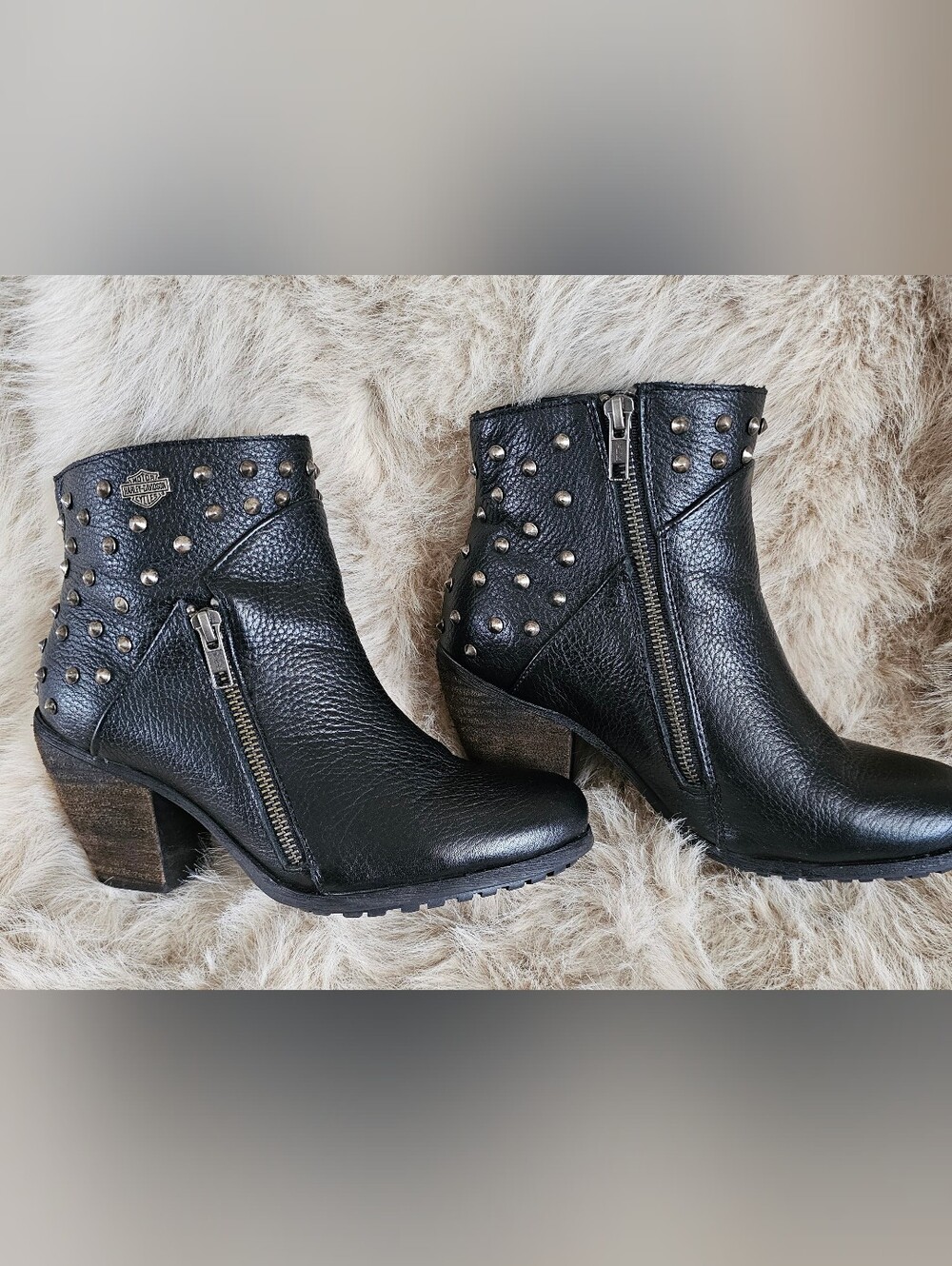 Harley-Davidson Black Leather Studded Zip Ankle Boots - Picture 2 of 8